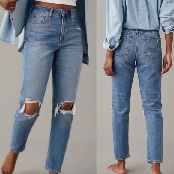 American Eagle Mom Jean Ripped Knees Distressed Denim High Rise Size 2 Blue - Picture 1 of 16